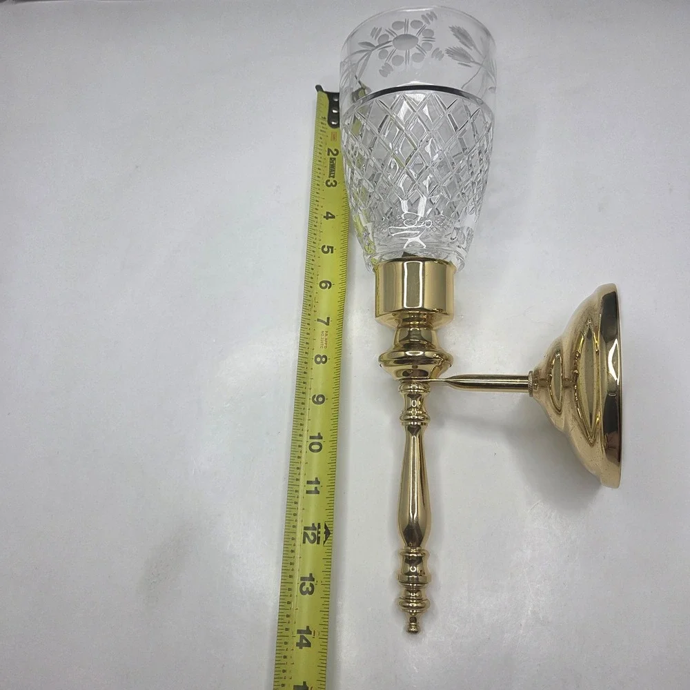 Vintage Brass Wall Sconce Etched Crystal Hurricane Shade Gold Tone 14